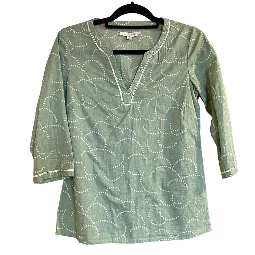 Boden Shirt Popover Blouse Green V-Neck Ladder Stitch‎ 100% Cotton Size 2 US
